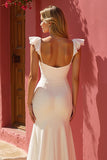 White Mermaid Cap Sleeves Ruched Floor-Length Wedding Dress with Slit