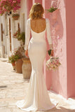 White Mermaid V-Neck Ruched Sweep Train Wedding Dress with Sleeves