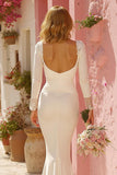 White Mermaid V-Neck Ruched Sweep Train Wedding Dress with Sleeves