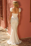 Ivory Mermaid Ruched V-Neck Floor-Length Wedding Dress with Slit