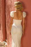 Ivory Mermaid Ruched V-Neck Floor-Length Wedding Dress with Slit