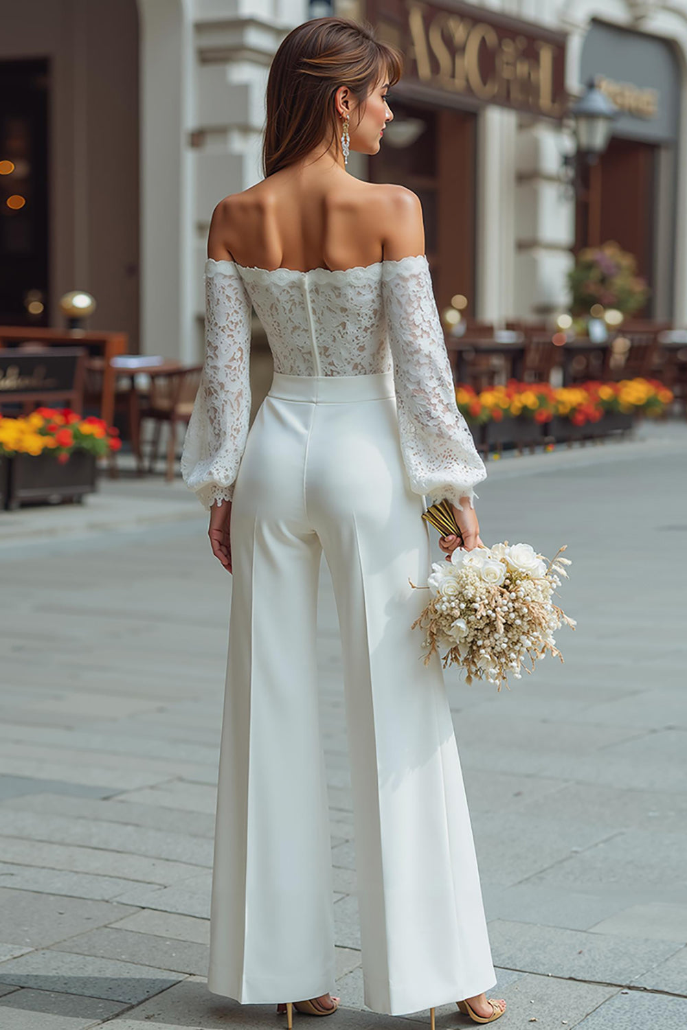 Zapakasa Women White Long Sleeves Bridal Jumpsuits with Appliques Wide Leg Off the Shoulder Wedding Jumpsuits Zapakasa Women White Long Sleeves Bridal Jumpsuits with Appliques Wide Leg Off the Shoulder Wedding Jumpsuits