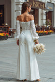 White Wide Leg Long Sleeves Bridal Jumpsuits with Appliques