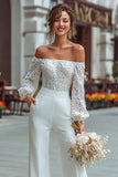 White Wide Leg Long Sleeves Bridal Jumpsuits with Appliques