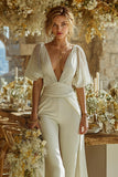 Ivory Deep V-Neck Short Sleeves Bridal Jumpsuits with Cape