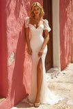 White Mermaid Ruched Sweep Train Wedding Dress with Slit