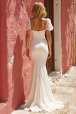 White Mermaid Ruched Sweep Train Wedding Dress with Slit
