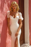 White Mermaid Ruched Sweep Train Wedding Dress with Slit