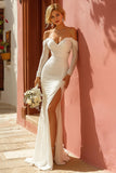 White Ruched Mermaid Off the Shoulder Floor-Length Wedding Dress with Slit