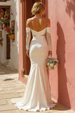 White Ruched Mermaid Off the Shoulder Floor-Length Wedding Dress with Slit