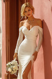 White Ruched Mermaid Off the Shoulder Floor-Length Wedding Dress with Slit