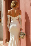 White Ruched Mermaid Off the Shoulder Floor-Length Wedding Dress with Slit