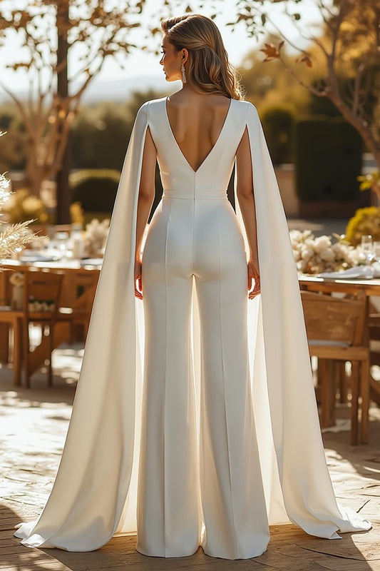 Ivory Deep V-Neck Fitted Bridal Jumpsuits with Cape