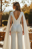Ivory Deep V-Neck Fitted Bridal Jumpsuits with Cape
