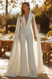 Ivory Deep V-Neck Fitted Bridal Jumpsuits with Cape