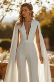 Ivory Deep V-Neck Fitted Bridal Jumpsuits with Cape
