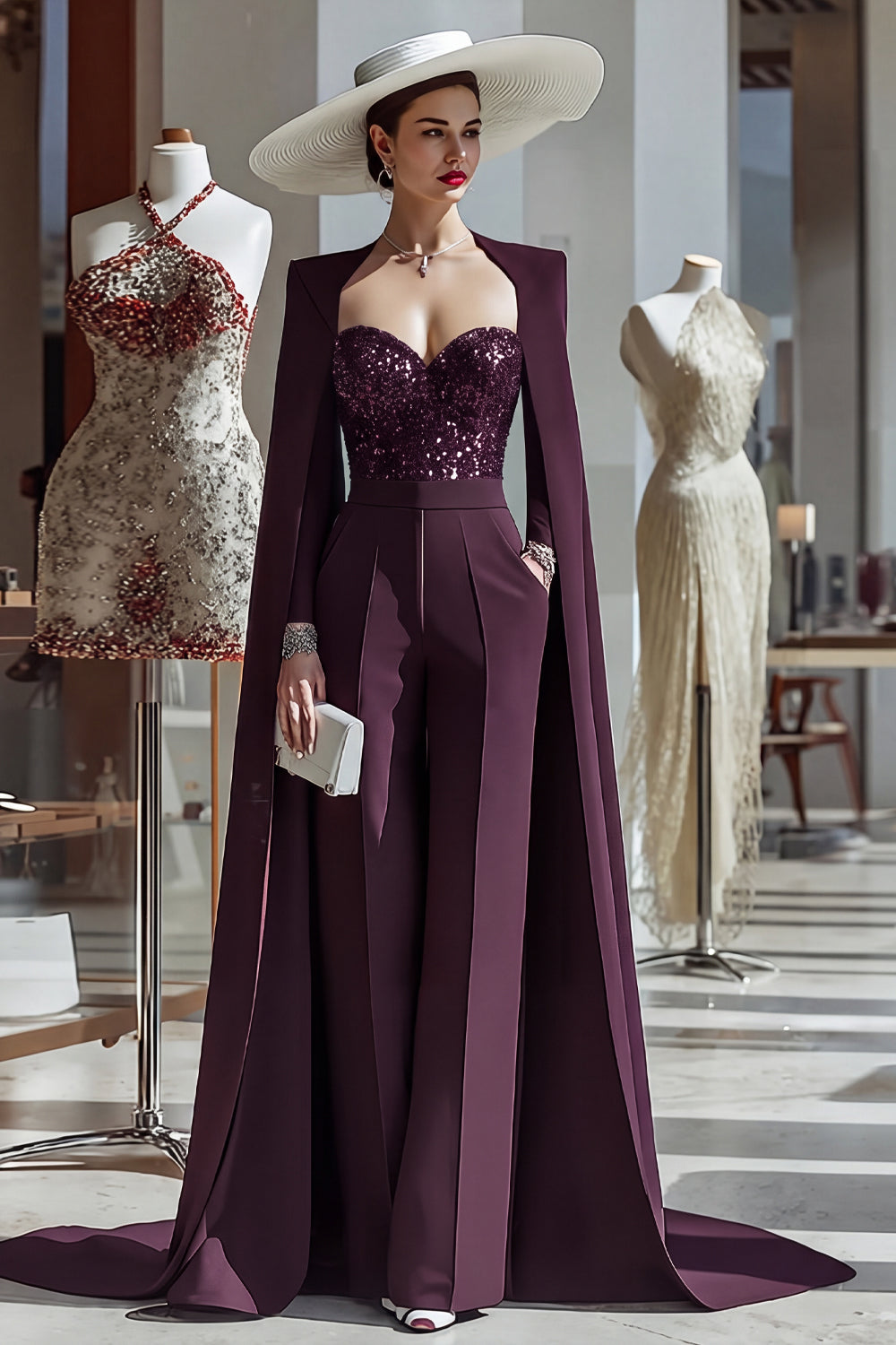 Cabernet Sparkly Long Sleeves Mother of the Bride Jumpsuits with Pockets