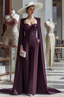 Cabernet Sparkly Long Sleeves Mother of the Bride Jumpsuits with Pockets