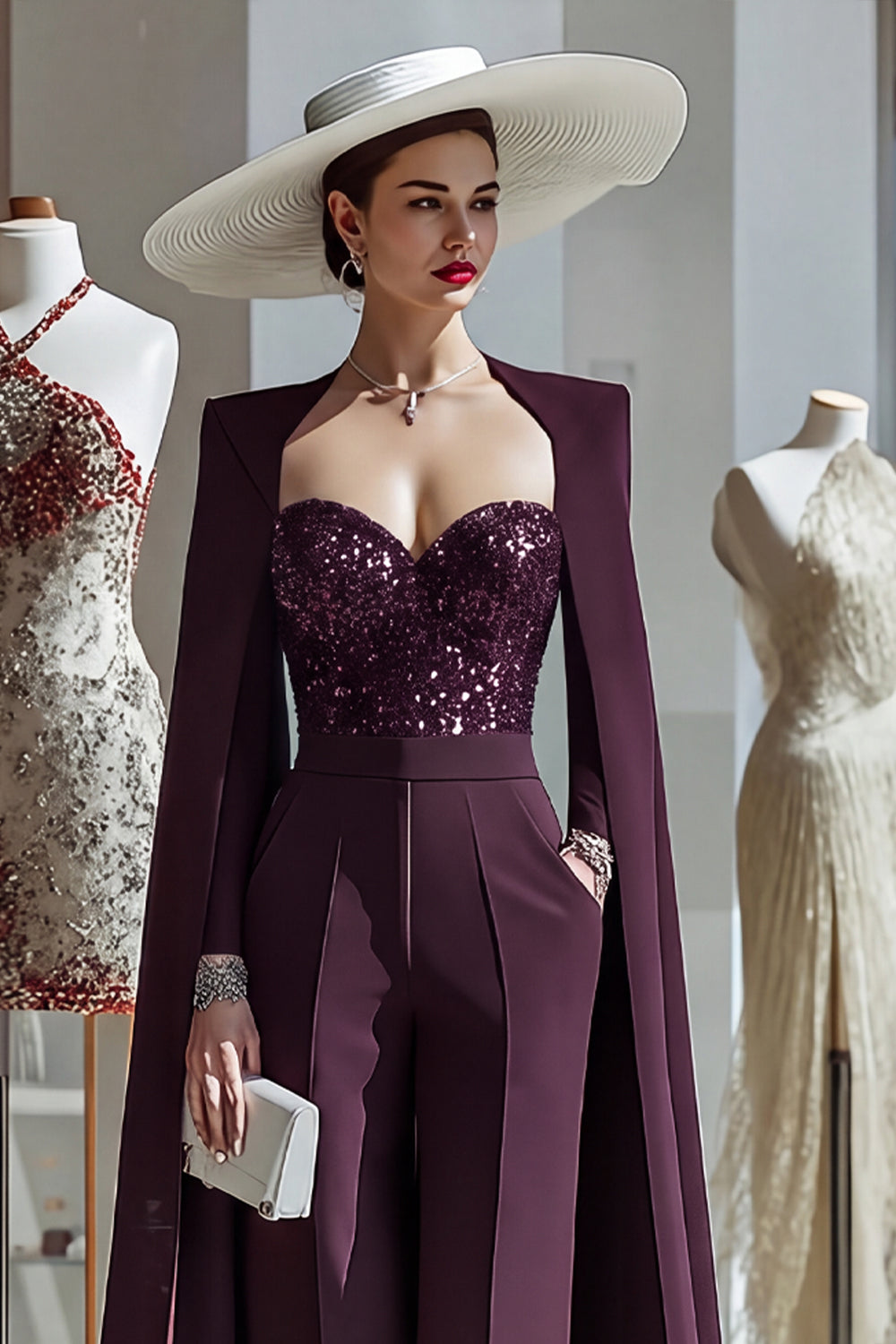 Cabernet Sparkly Long Sleeves Mother of the Bride Jumpsuits with Pockets