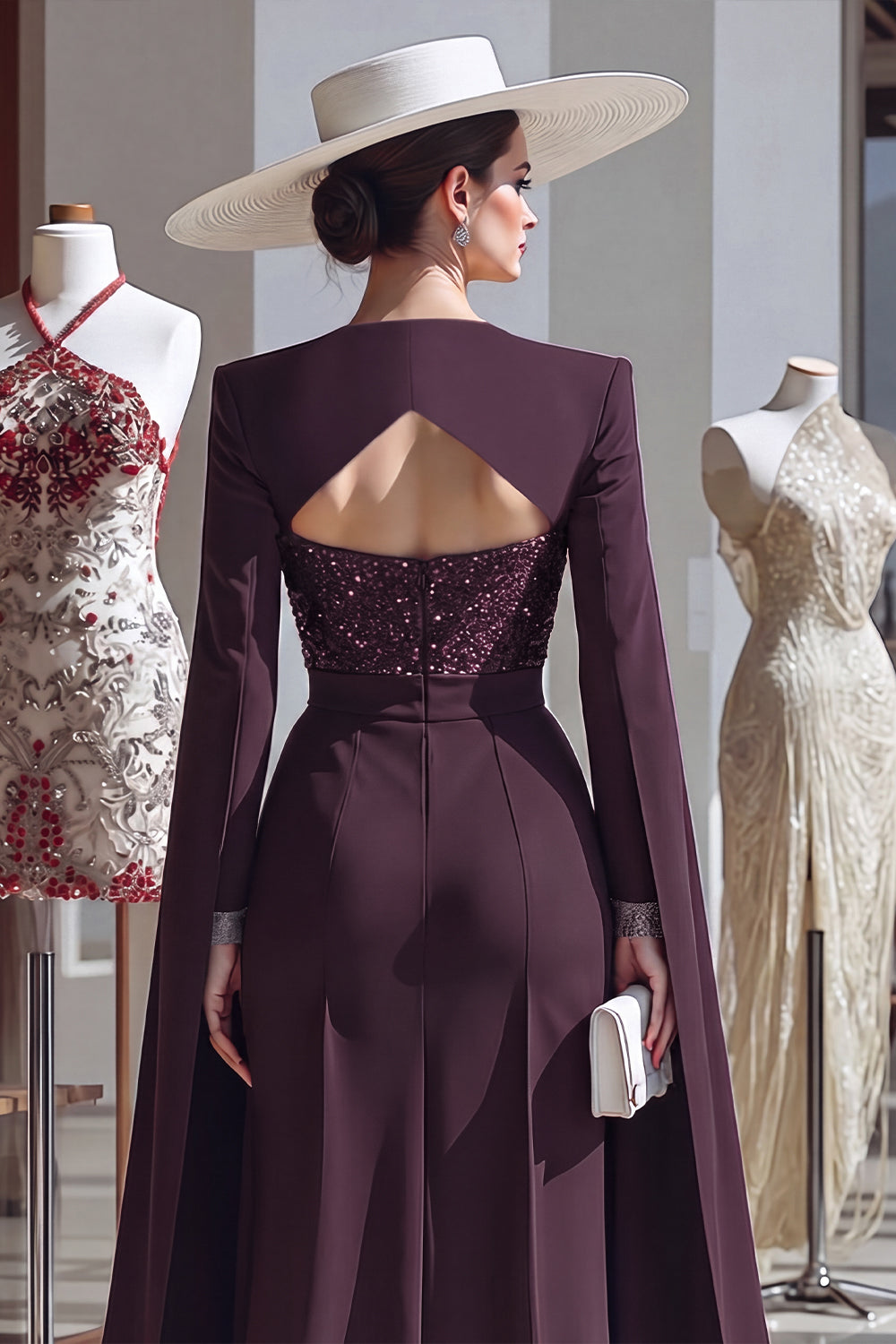 Cabernet Sparkly Long Sleeves Mother of the Bride Jumpsuits with Pockets