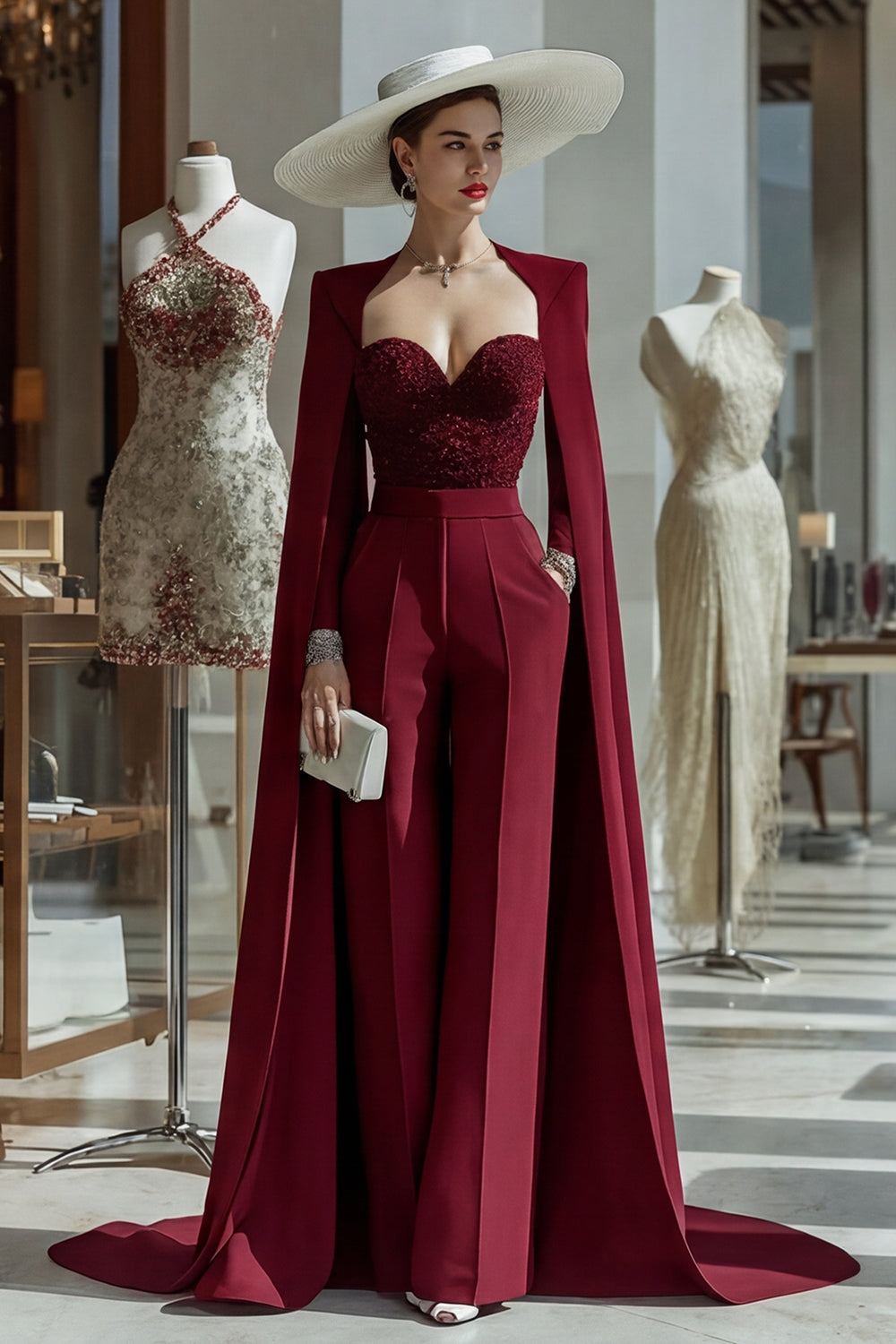 Zapakasa Women Sparkly Cabernet Long Sleeves Mother of the Bride Jumpsuits  with Pockets Sweetheart Mother Of the Groom Jumpsuits with Cape