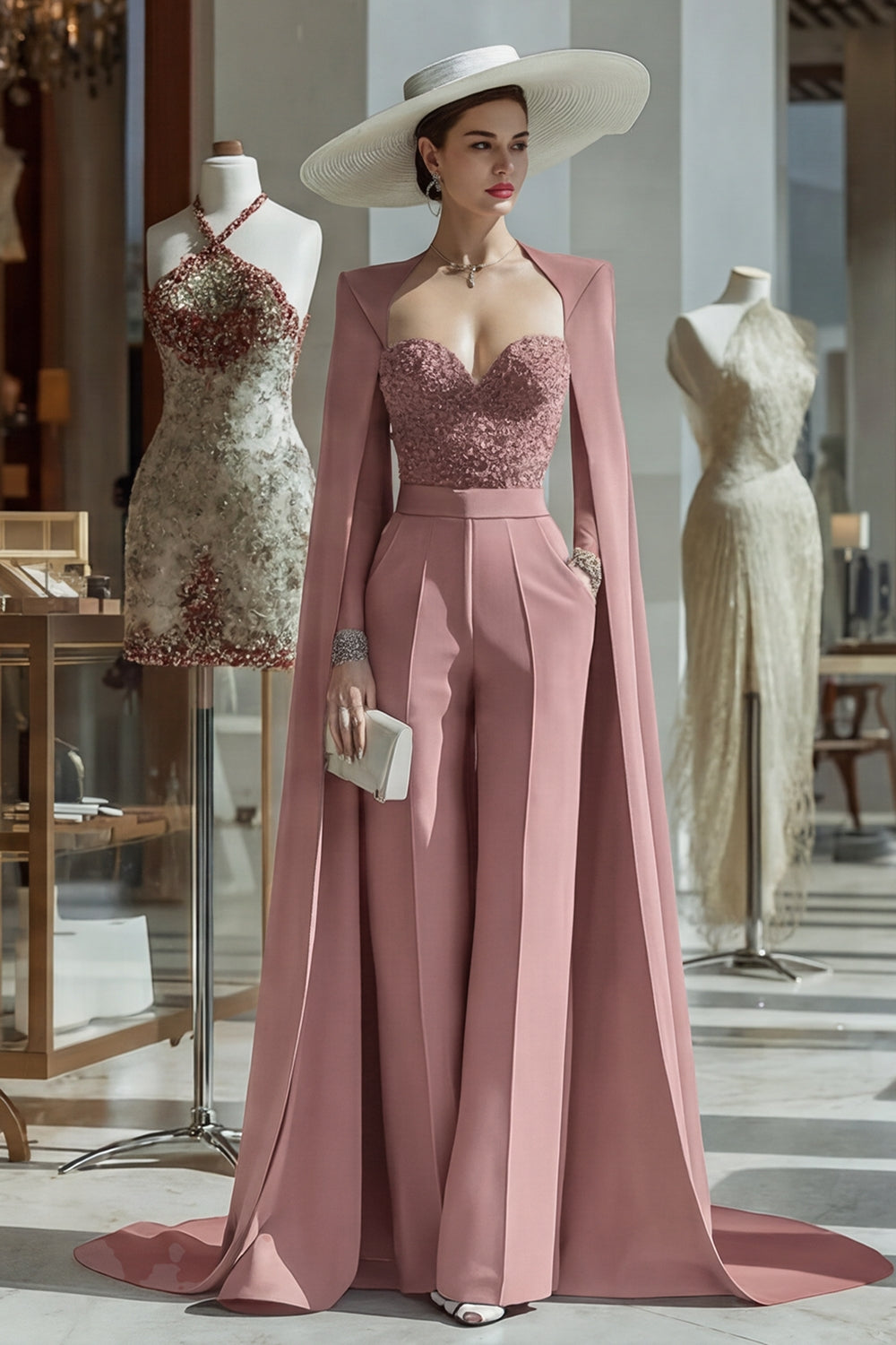 Cabernet Sparkly Long Sleeves Mother of the Bride Jumpsuits with Pockets
