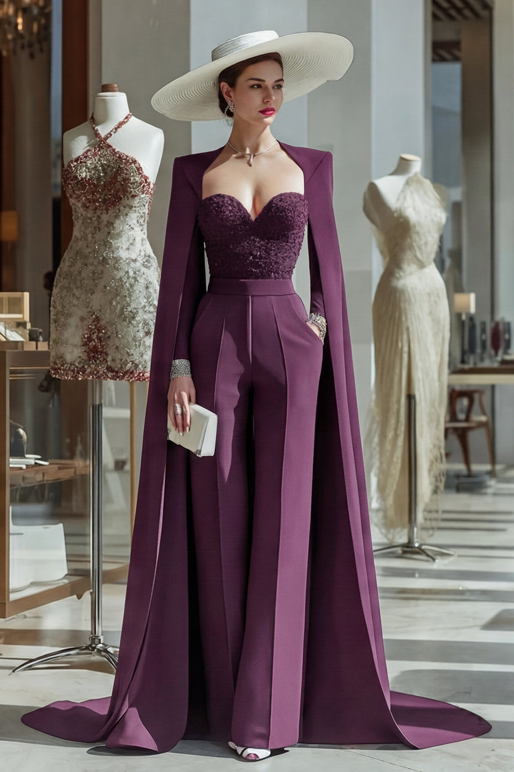 Cabernet Sparkly Long Sleeves Mother of the Bride Jumpsuits with Pockets