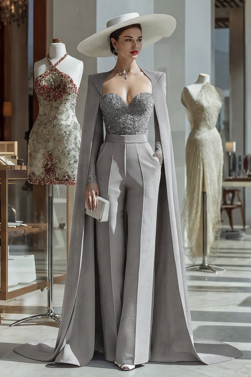 Cabernet Sparkly Long Sleeves Mother of the Bride Jumpsuits with Pockets
