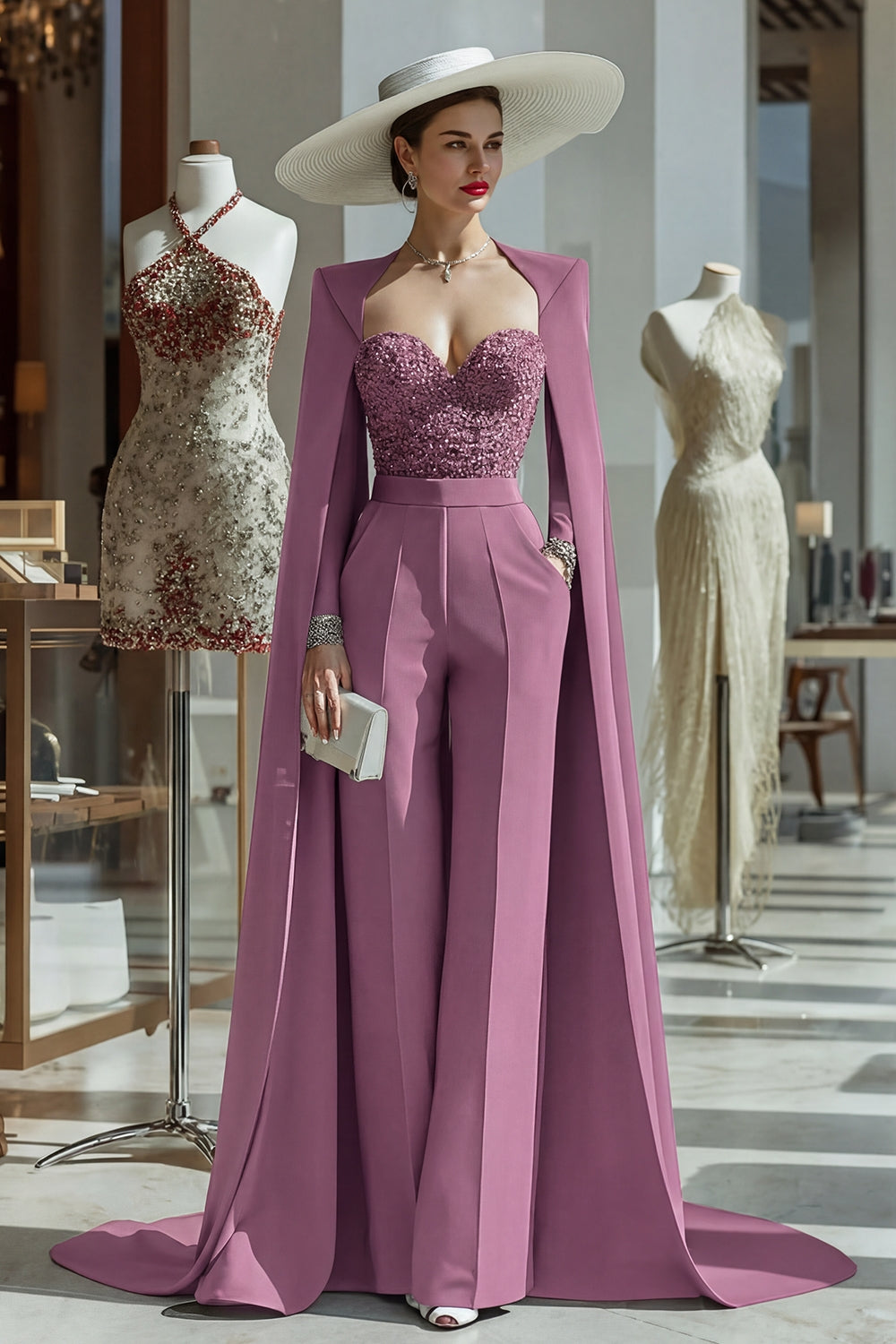 Cabernet Sparkly Long Sleeves Mother of the Bride Jumpsuits with Pockets