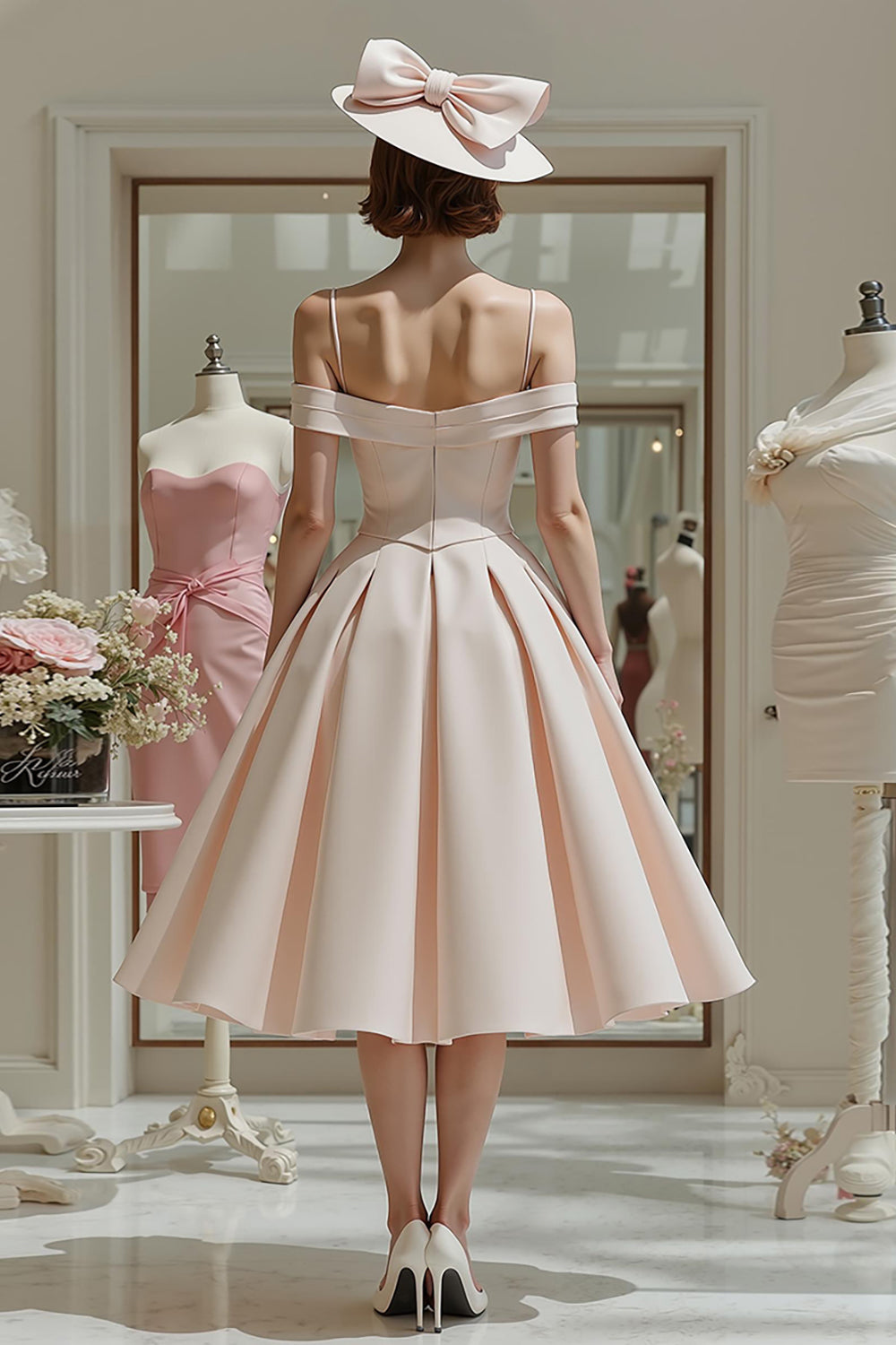 Candy Pink Cold Shoulder A Line Midi Mother of the Bride Dress