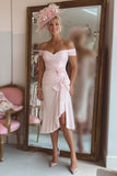 Candy Pink Ruffled Off the Shoulder Midi Mother of the Bride Dress with Slit