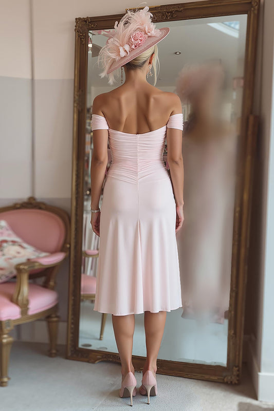 Candy Pink Ruffled Off the Shoulder Midi Mother of the Bride Dress with Slit