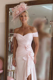 Candy Pink Ruffled Off the Shoulder Midi Mother of the Bride Dress with Slit