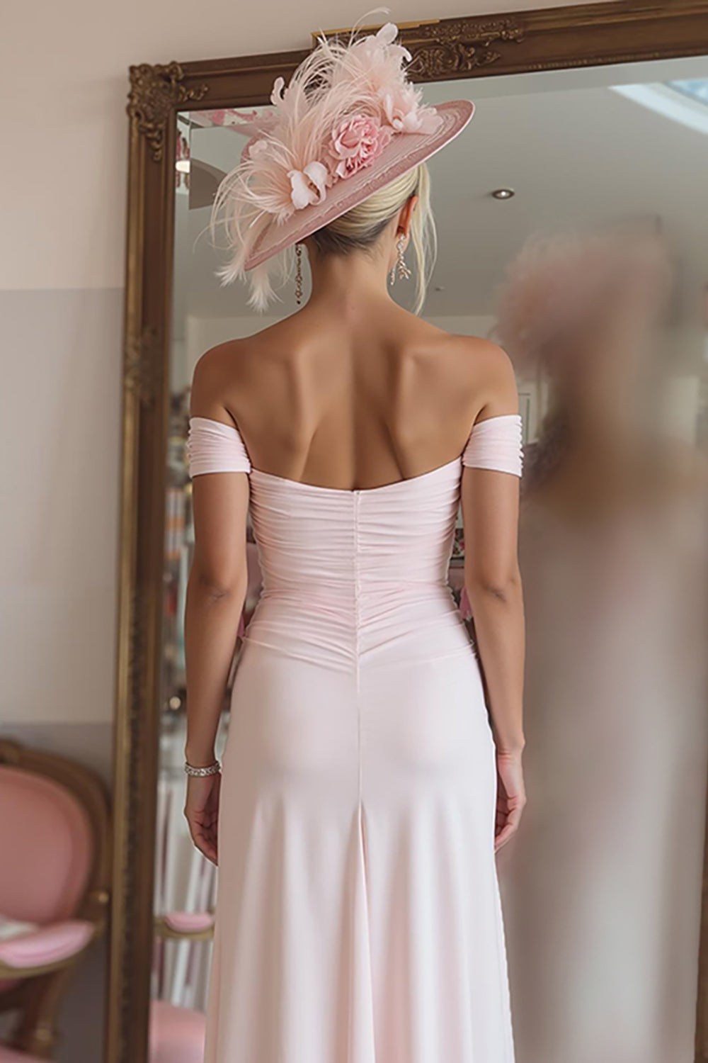 Candy Pink Ruffled Off the Shoulder Midi Mother of the Bride Dress with Slit