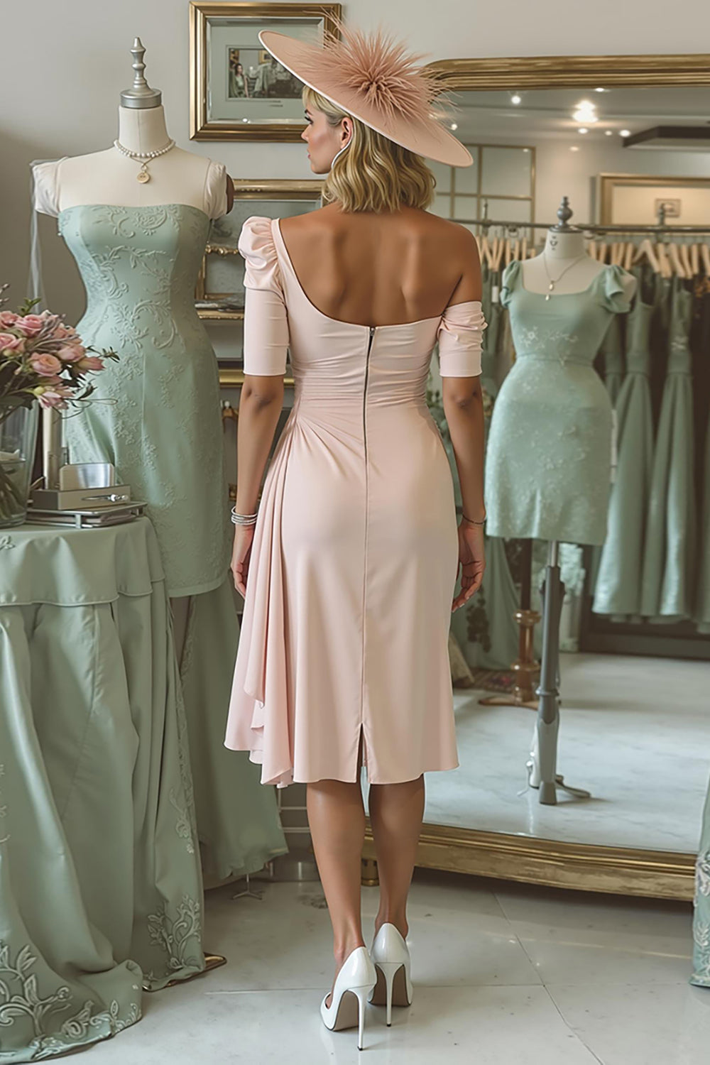 Blush Pink Bodycon One Shoulder Midi Mother of the Bride Dress with Sleeves