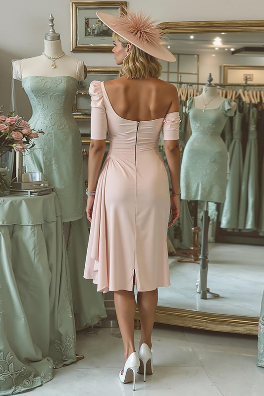 Blush Pink Bodycon One Shoulder Midi Mother of the Bride Dress with Sleeves