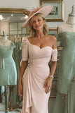 Blush Pink Bodycon One Shoulder Midi Mother of the Bride Dress with Sleeves