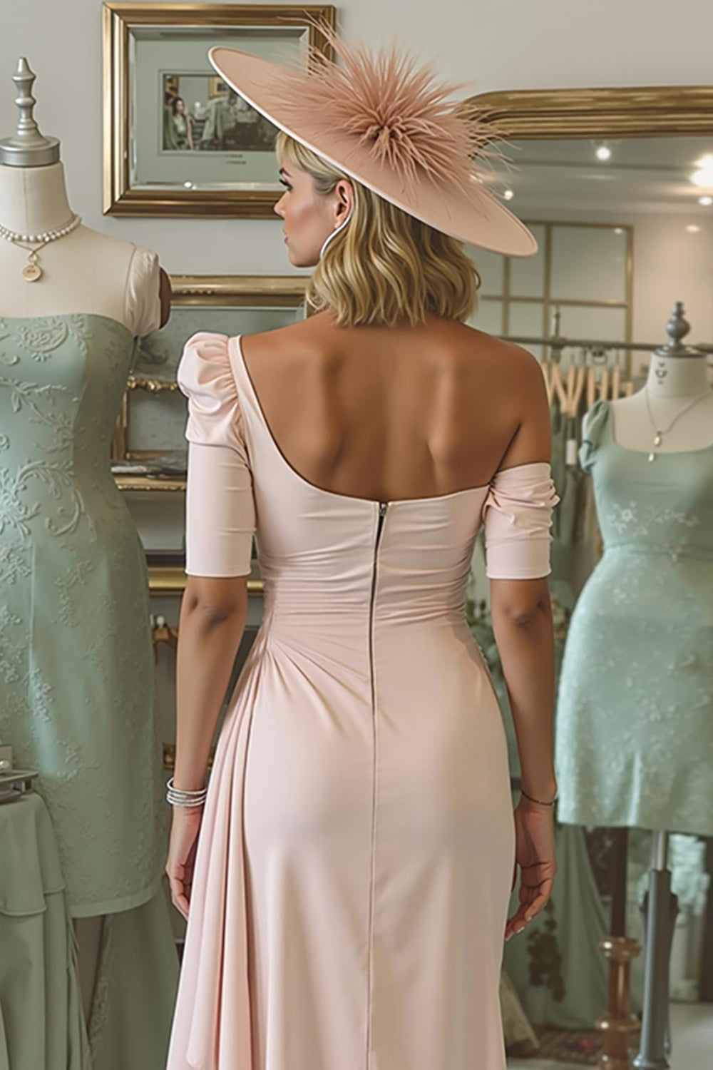 Blush Pink Bodycon One Shoulder Midi Mother of the Bride Dress with Sleeves
