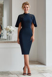Sparkly Navy Bodycon Beaded Midi Mother of the Bride Dress with Sleeves