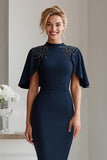 Sparkly Navy Bodycon Beaded Midi Mother of the Bride Dress with Sleeves