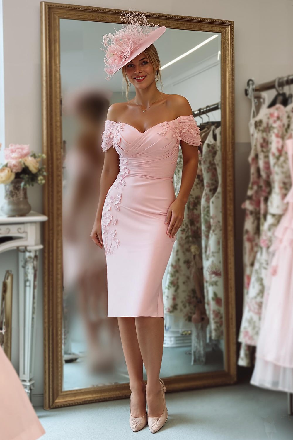 Blush Pink Floral Bodycon Off the Shoulder Midi Mother of the Bride Dress