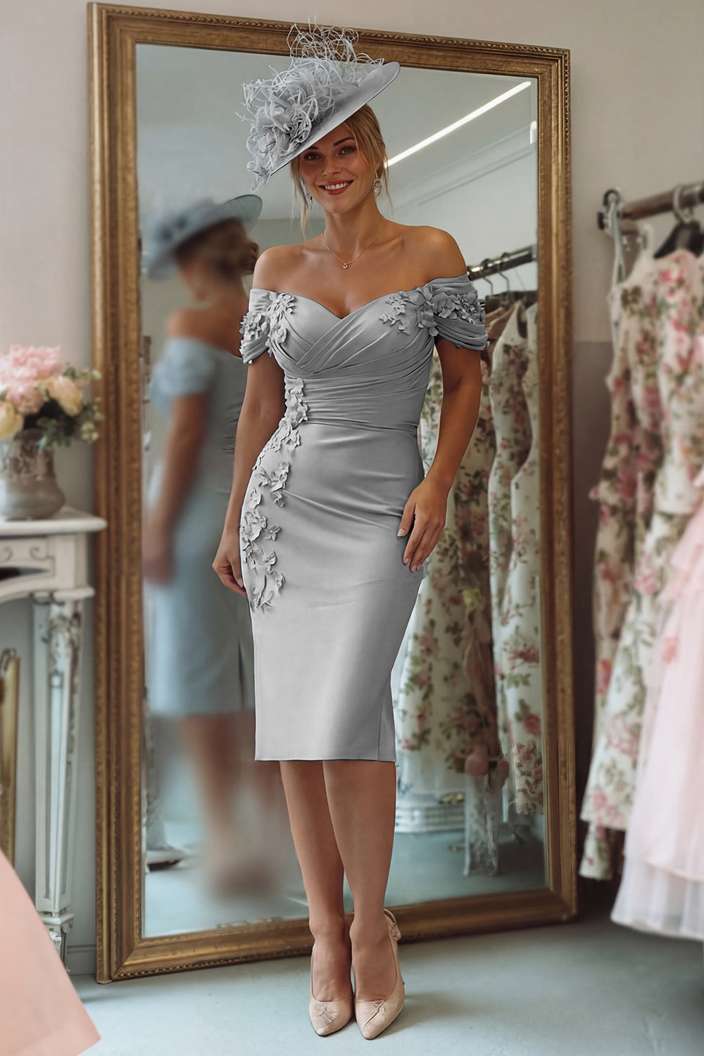 Blush Pink Floral Bodycon Off the Shoulder Midi Mother of the Bride Dress