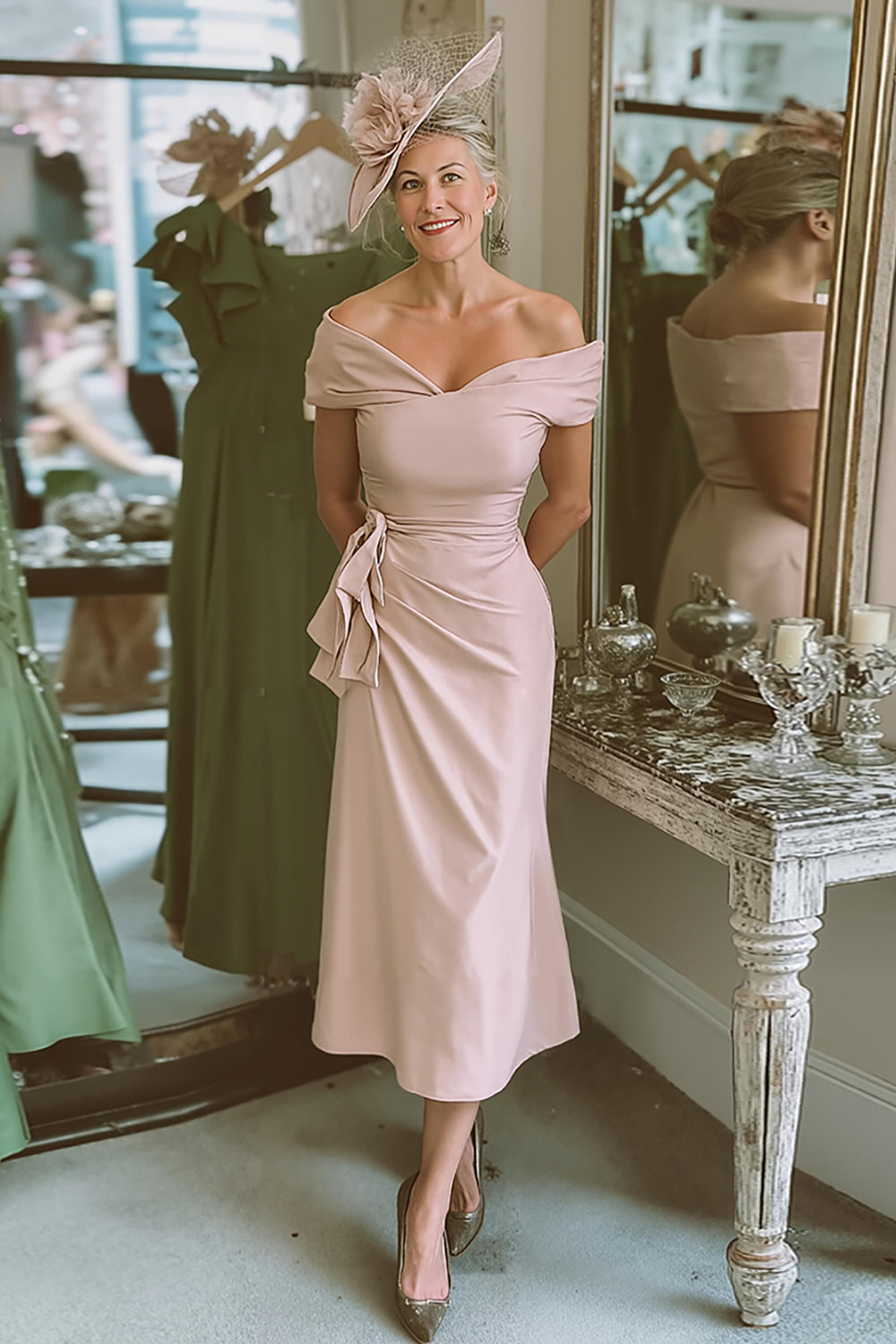 Blush Pink Off the Shoulder Bodycon Midi Mother of the Bride Dress
