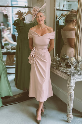 blush off the shoulder midi dress Baby Pink Prom Dress Off Shoulder Tea Length Midi Gown Blush Cocktail Dress Engagement Party Outfit Formal Pink Dress