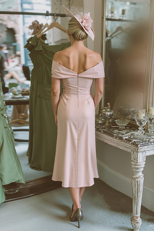 Blush Pink Off the Shoulder Bodycon Midi Mother of the Bride Dress