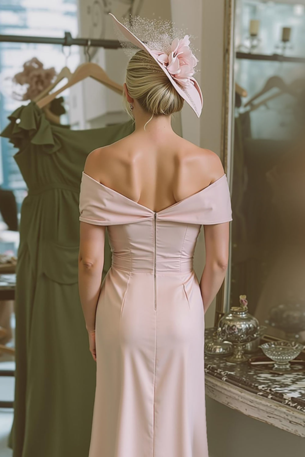Blush Pink Off the Shoulder Bodycon Midi Mother of the Bride Dress