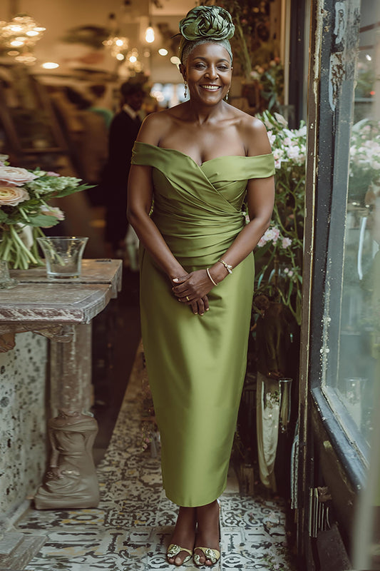 Dusty Sage Sheath Off the Shoulder Long Mother of the Bride Dress
