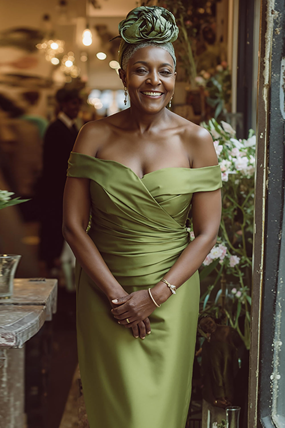 Dusty Sage Sheath Off the Shoulder Long Mother of the Bride Dress