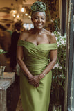 Dusty Sage Sheath Off the Shoulder Long Mother of the Bride Dress