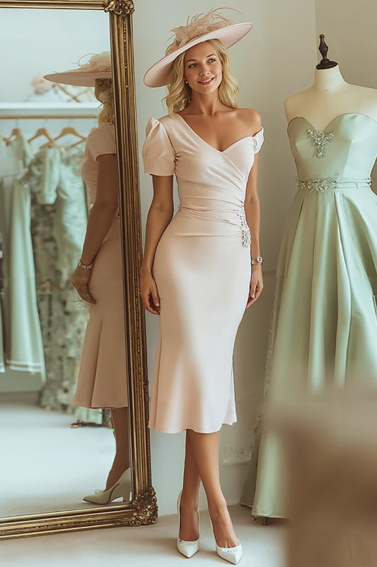 Candy Pink One Shoulder Bodycon Midi Mother of the Bride Dress with Sleeves